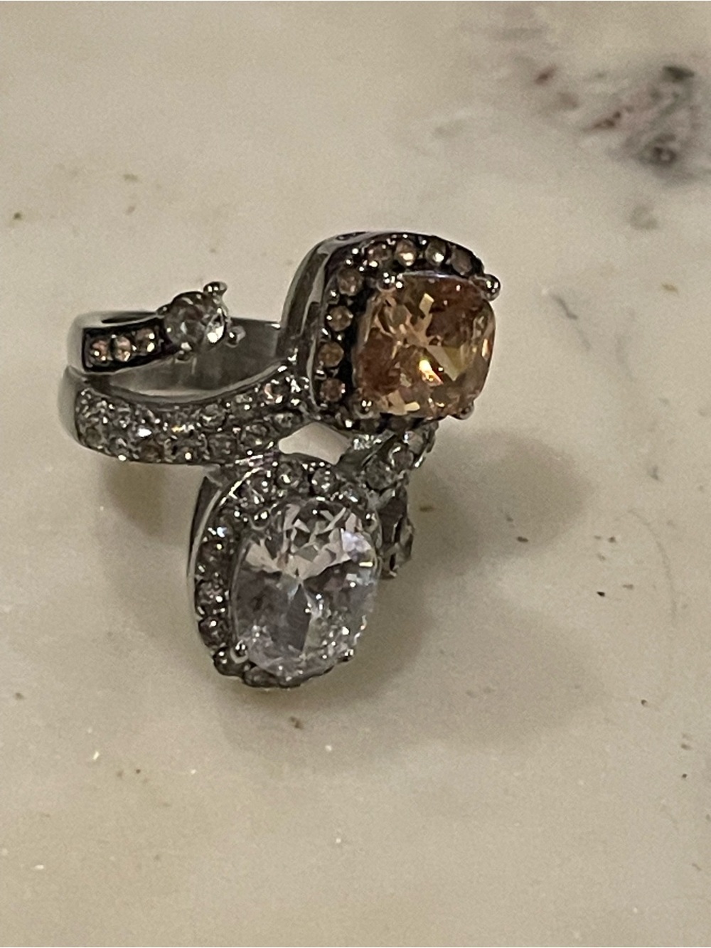 NWOT Stainless Steel Double Stone Ring with Champagne and Clear Stones Size 6